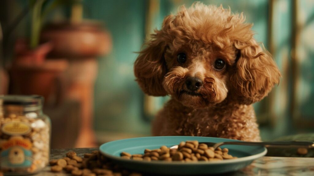 ドッグフードを食べるトイプードル犬/Toy Poodle dog eating dog food