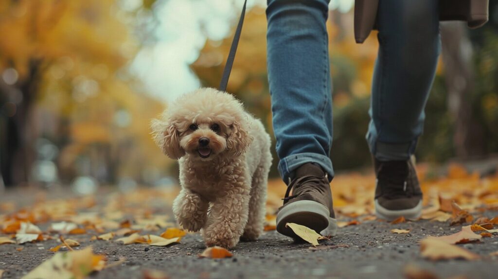 飼い主と散歩をするトイプードル犬/Taking a walk with the owner