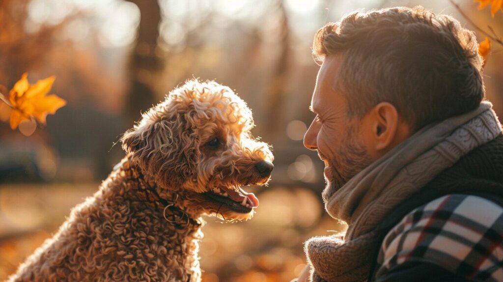 飼い主と笑い合うトイプードル犬/ Toy Poodle dog laughing with its owner