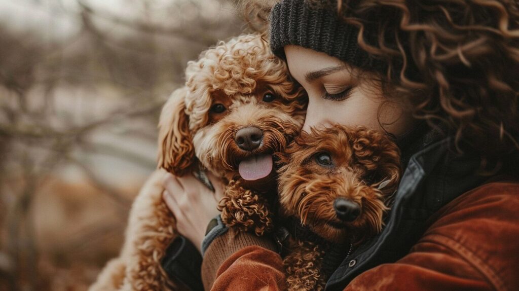 飼い主と笑い合うトイプードル犬/ Toy Poodle dog laughing with its owner