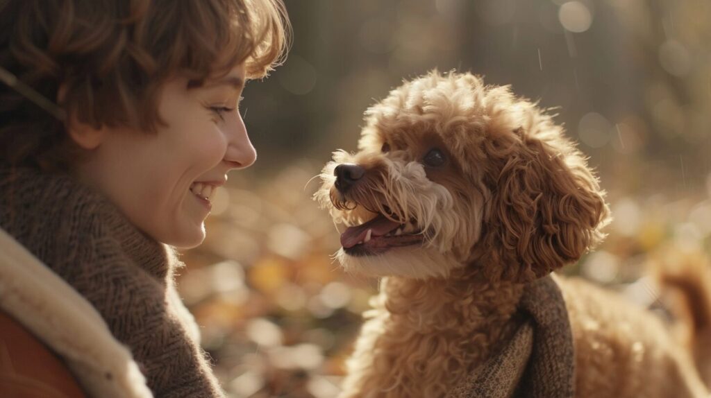 飼い主と笑い合うトイプードル犬/ Toy Poodle dog laughing with its owner