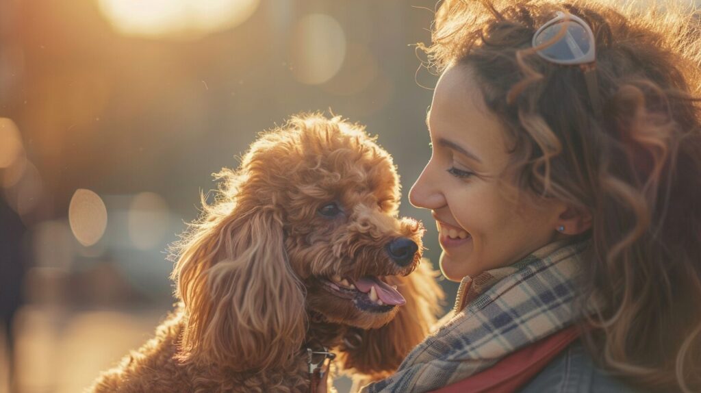 飼い主と笑い合うトイプードル犬/ Toy Poodle dog laughing with its owner