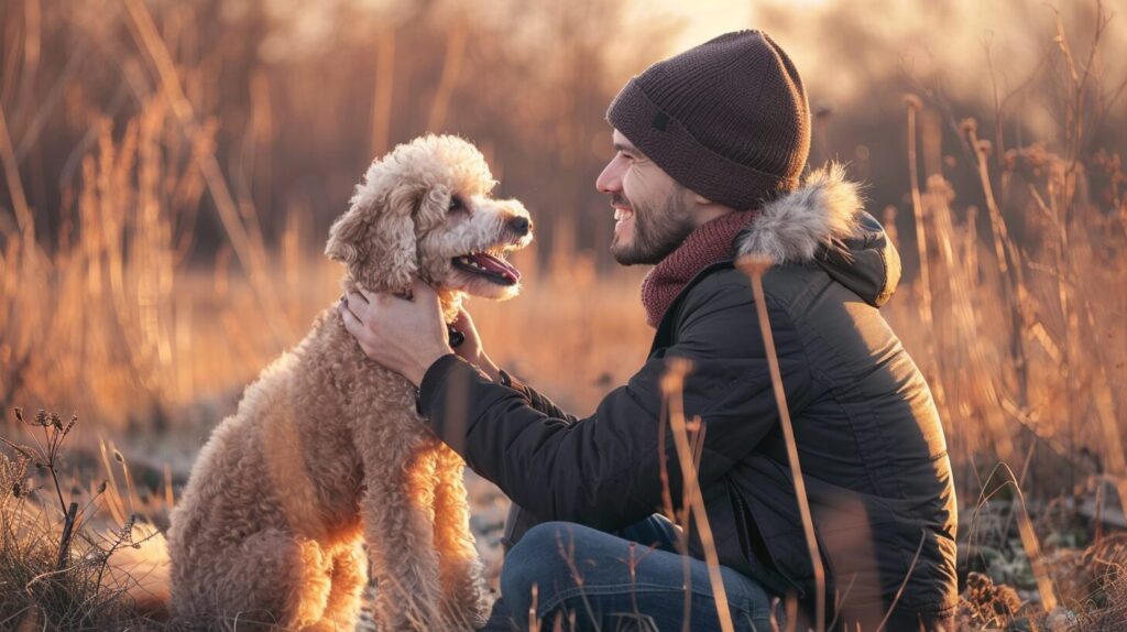 飼い主と笑い合うトイプードル犬/ Toy Poodle dog laughing with its owner