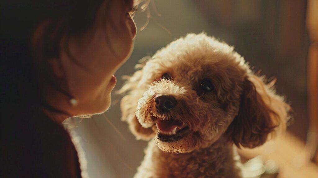 飼い主と笑い合うトイプードル犬/ Toy Poodle dog laughing with its owner