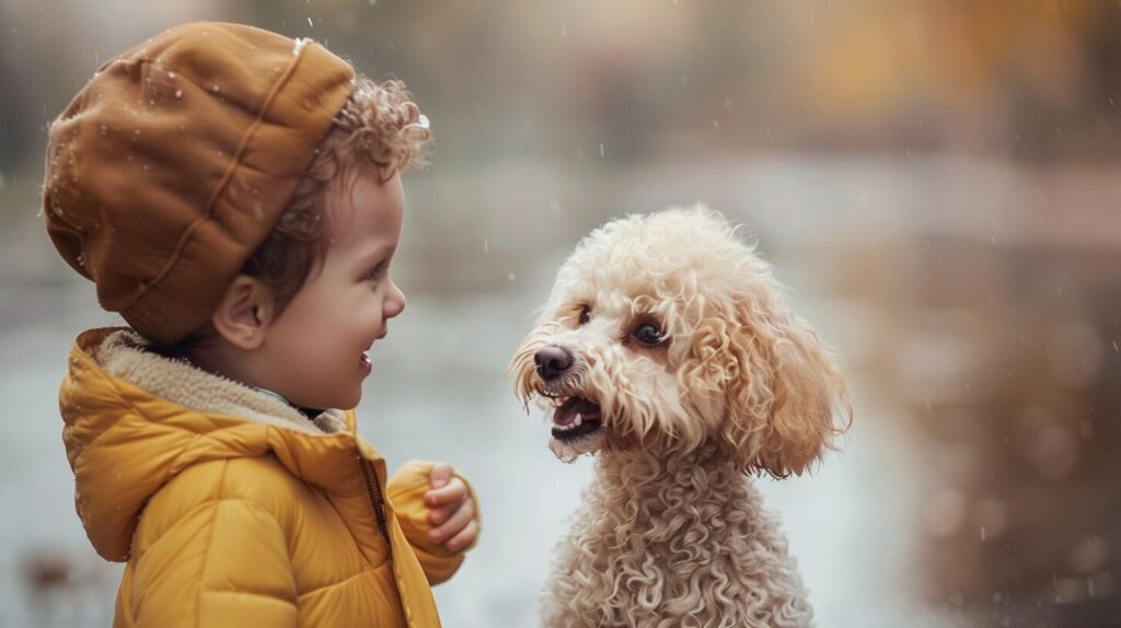 子どもと笑い合うトイプードル犬/ Toy Poodle dog that laughs with children