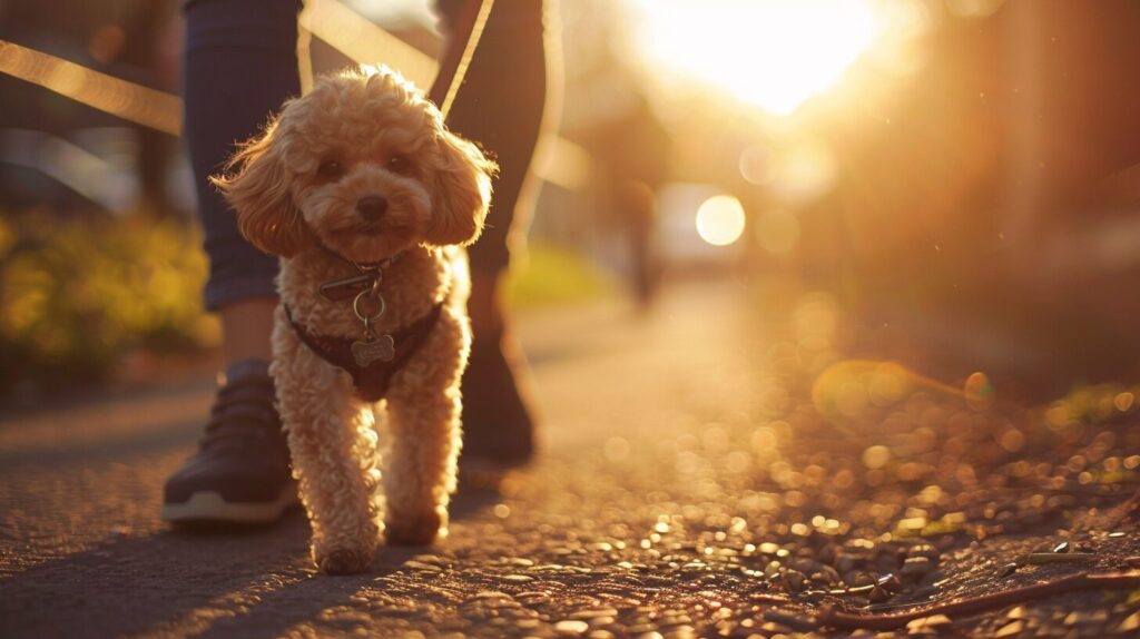 飼い主と散歩をするトイプードル犬/Taking a walk with the owner