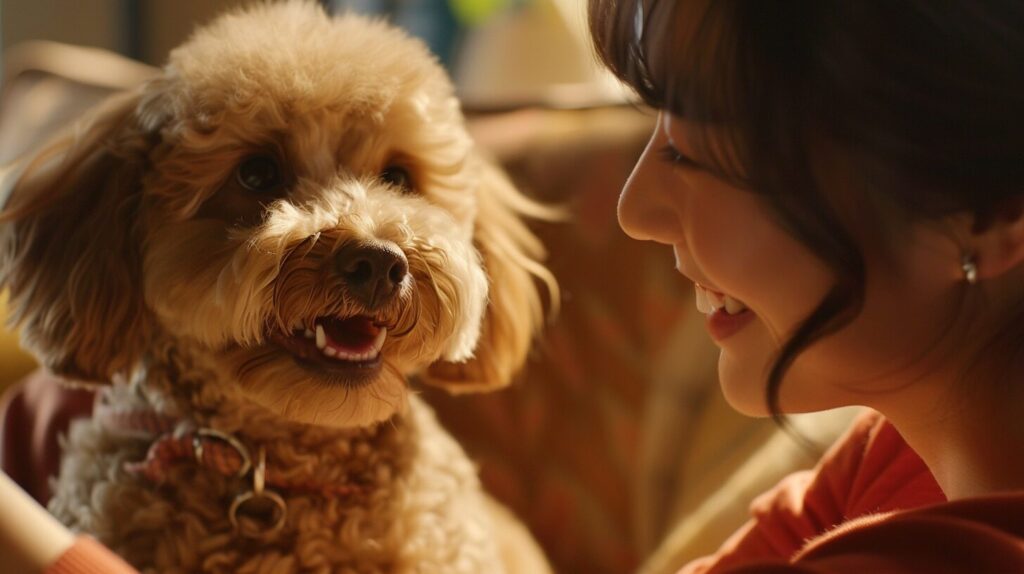 子どもと笑い合うトイプードル犬/ Toy Poodle dog that laughs with children