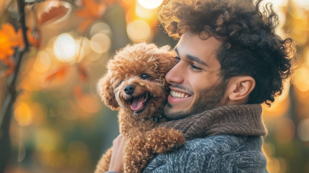 子どもと笑い合うトイプードル犬/ Toy Poodle dog that laughs with children