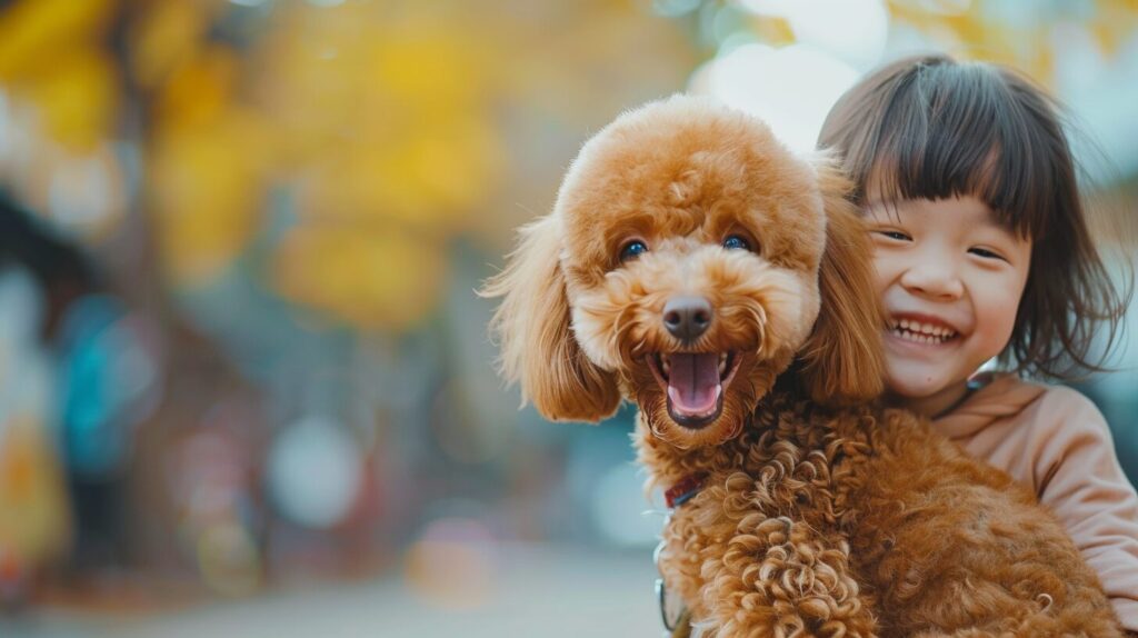 子どもと笑い合うトイプードル犬/ Toy Poodle dog that laughs with children