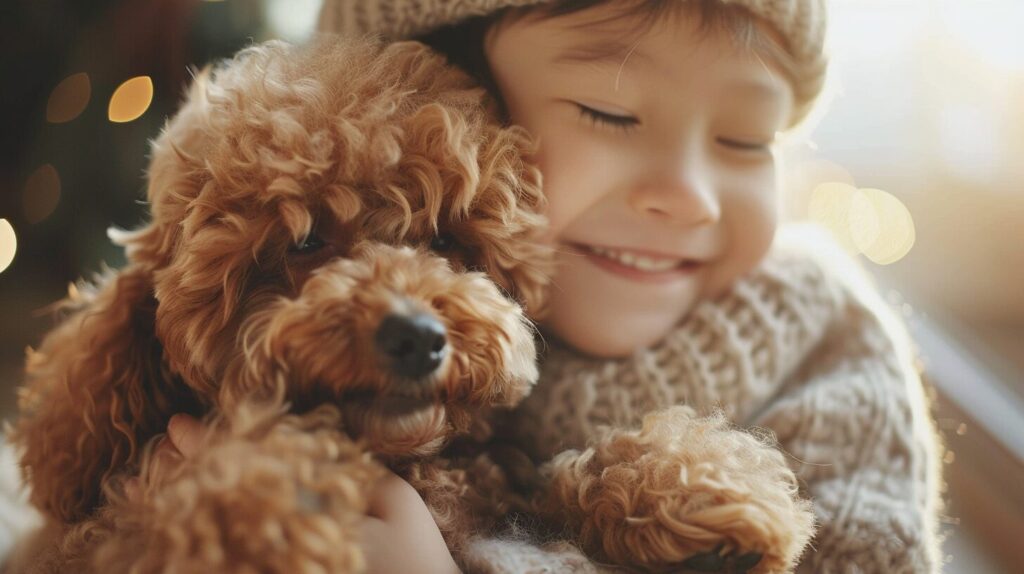 子どもと笑い合うトイプードル犬/ Toy Poodle dog that laughs with children