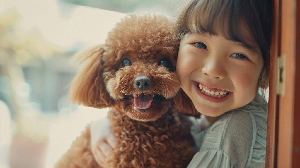 子どもと笑い合うトイプードル犬/ Toy Poodle dog that laughs with children