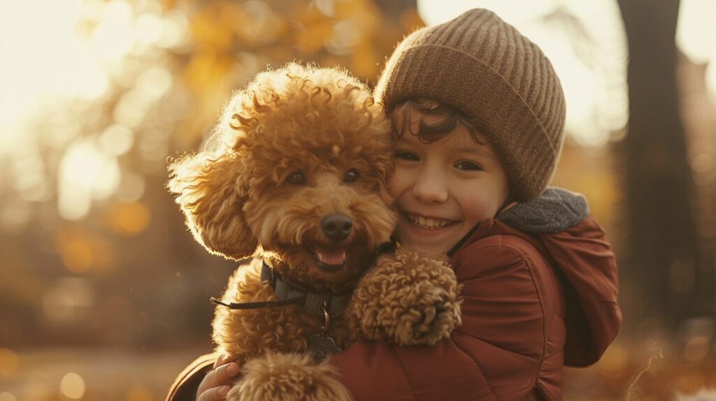 子どもと笑い合うトイプードル犬/ Toy Poodle dog that laughs with children