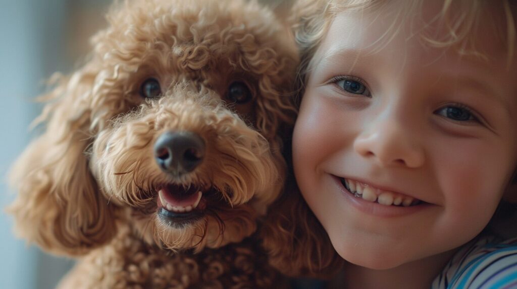 子どもと笑い合うトイプードル犬/ Toy Poodle dog that laughs with children