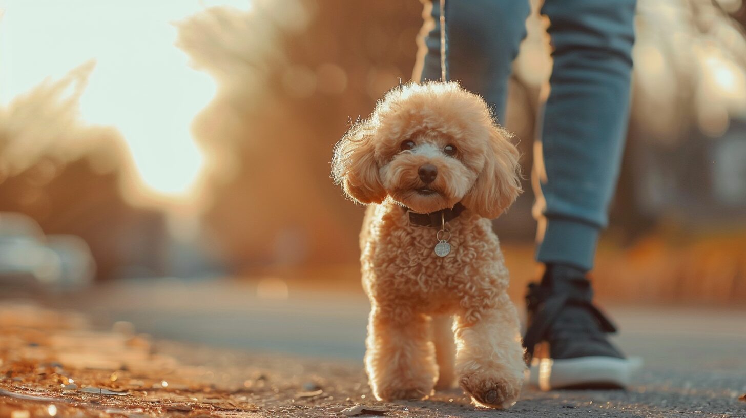 飼い主と散歩をするトイプードル犬/Taking a walk with the owner