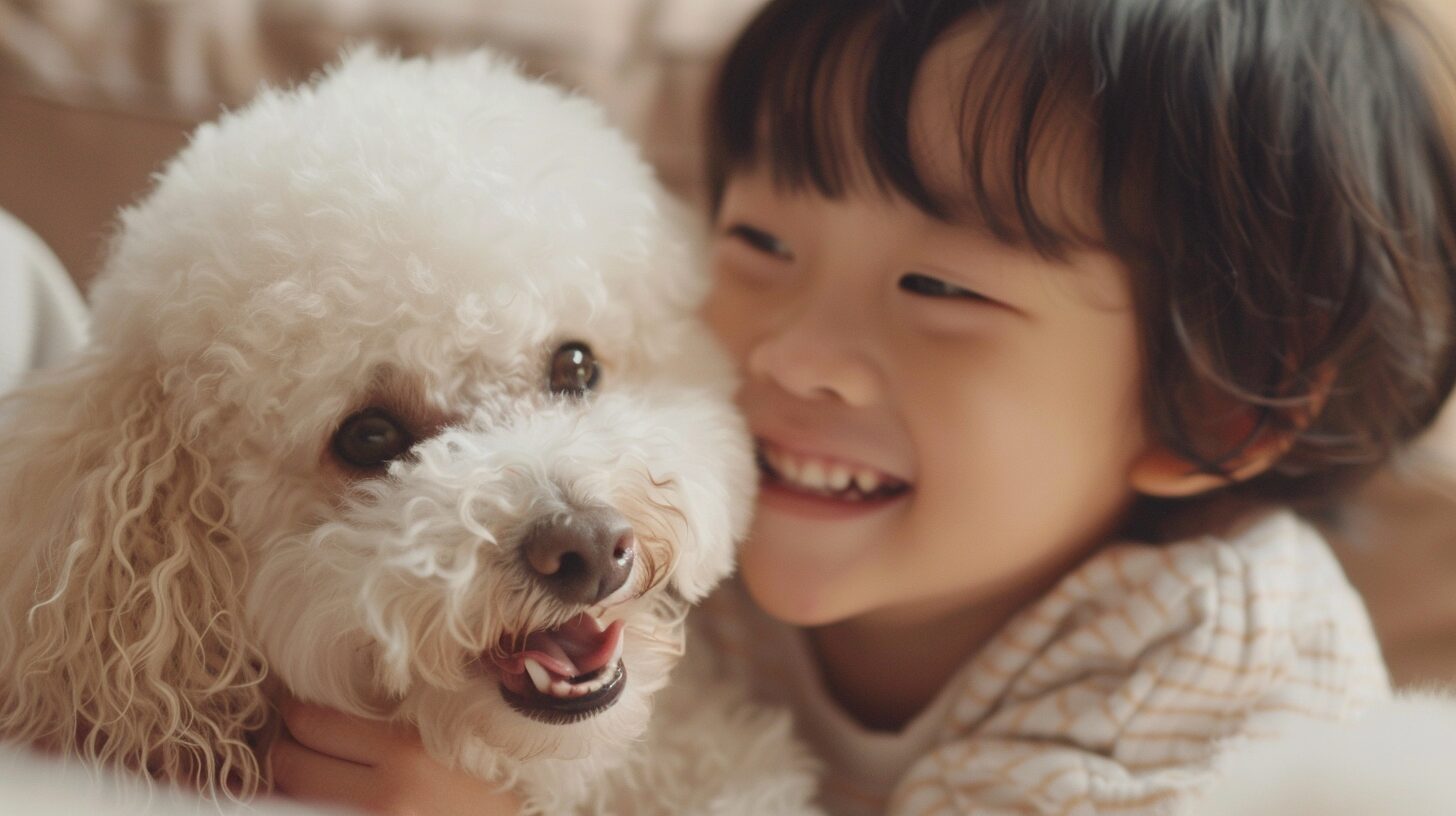 子どもと笑い合うトイプードル犬/ Toy Poodle dog that laughs with children