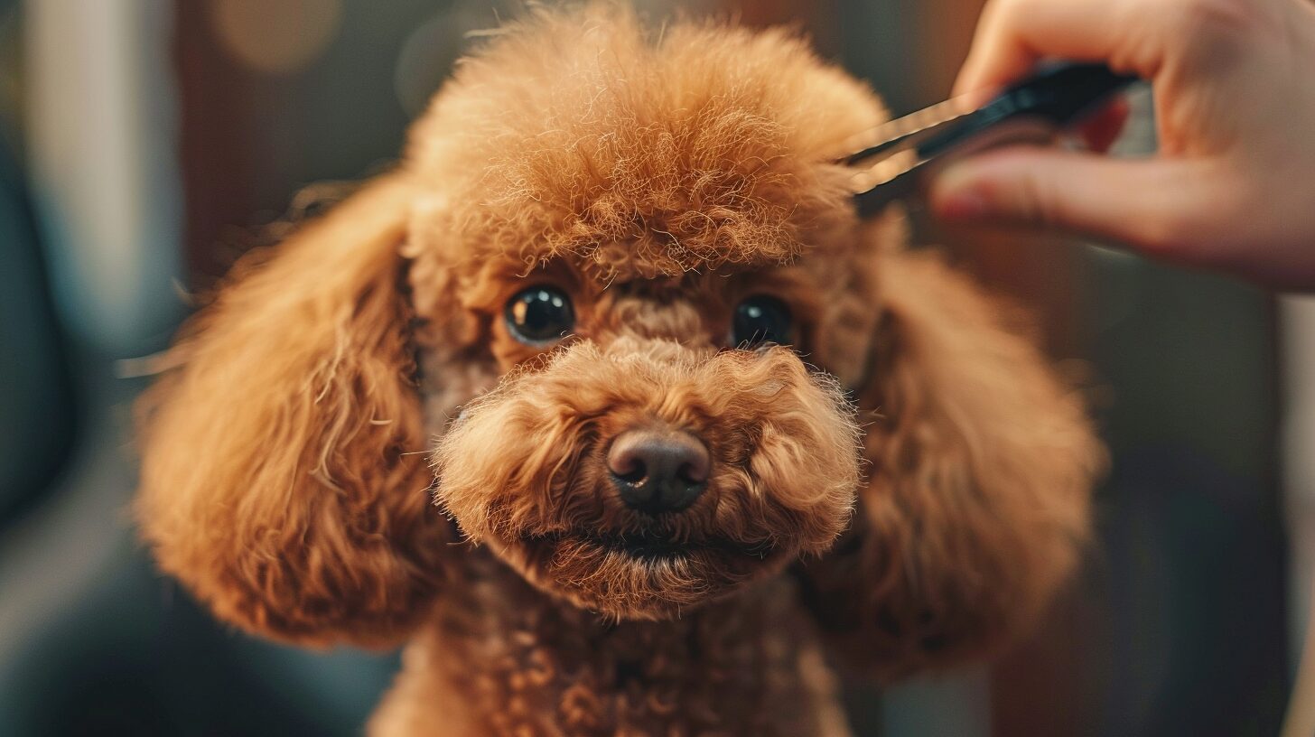 トリミングされるトイプードル/Toy poodle being trimmed