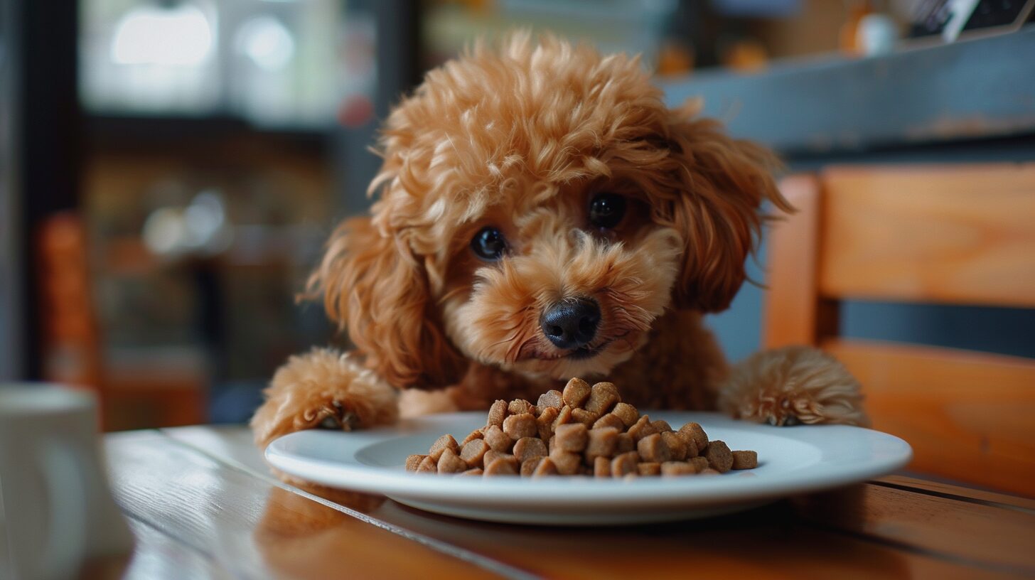 ドッグフードを食べるトイプードル犬/Toy Poodle dog eating dog food